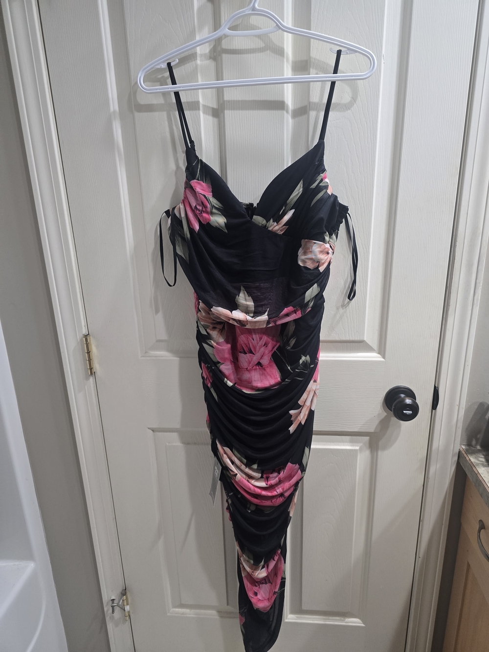 le chateau Black Asymmetrical Dress with Pink Floral Print